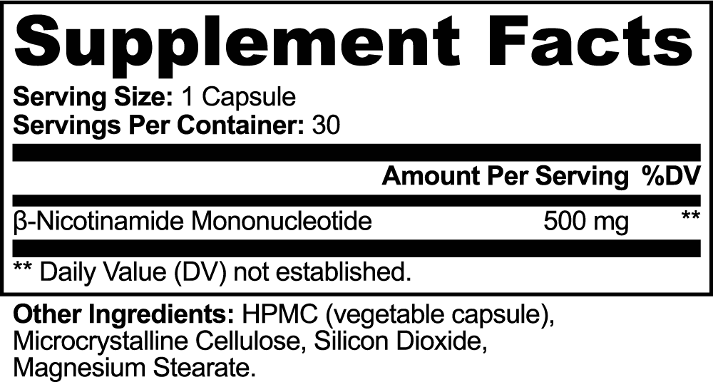 NMN Capsules provide 500 mg of ß-Nicotinamide Mononucleotide (purity 99.9%)